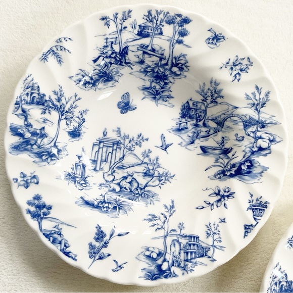 Queen’s China Toile Blue Flat Rim Soup Salad Bowls Set of Three 8.75” - Picture 4 of 15